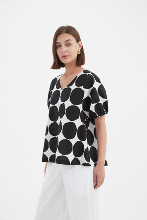 V NECK BISHOP SLEEVE POPLIN TOP