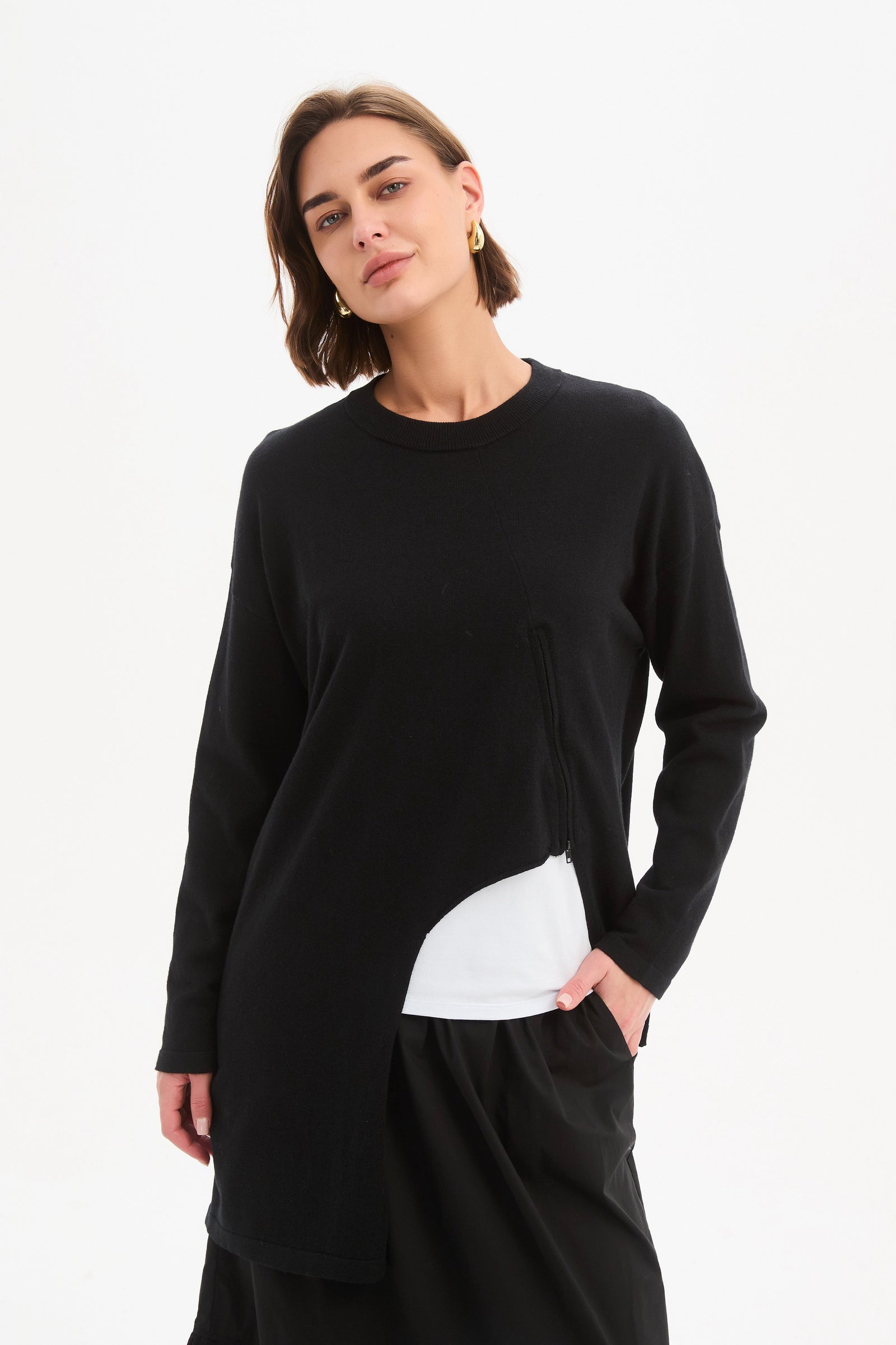 Women's Merino Wool Blend Knitted Sweater | Asymmetric Zip Knit black