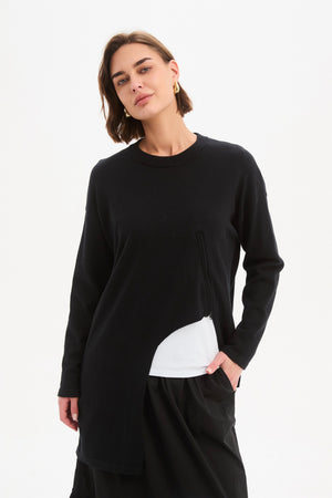 Women's Merino Wool Blend Knitted Sweater | Asymmetric Zip Knit black