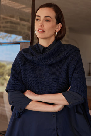 Women’s High Neck Poncho & Asymmetric Wrap Knit Top Navy Scarf