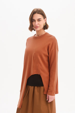 Women's Merino Wool Blend Knitted Sweater | Asymmetric Zip Knit Amberstone side