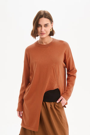 Women's Merino Wool Blend Knitted Sweater | Asymmetric Zip Knit Amberstone