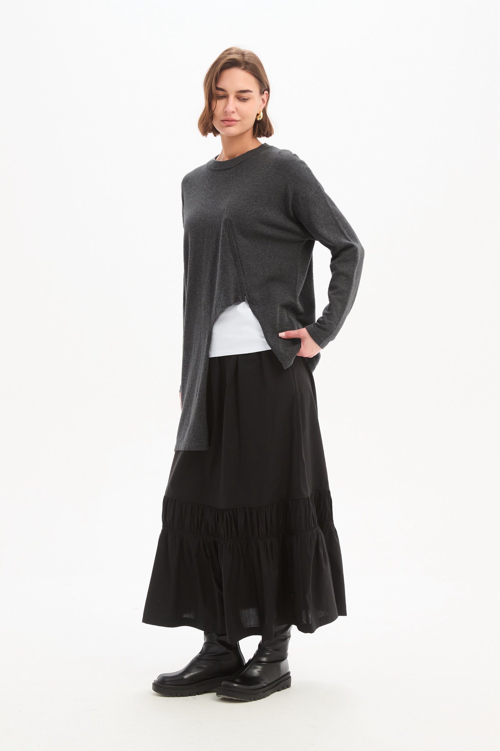 Women's Merino Wool Blend Knitted Sweater | Asymmetric Zip Knit Charcoal side