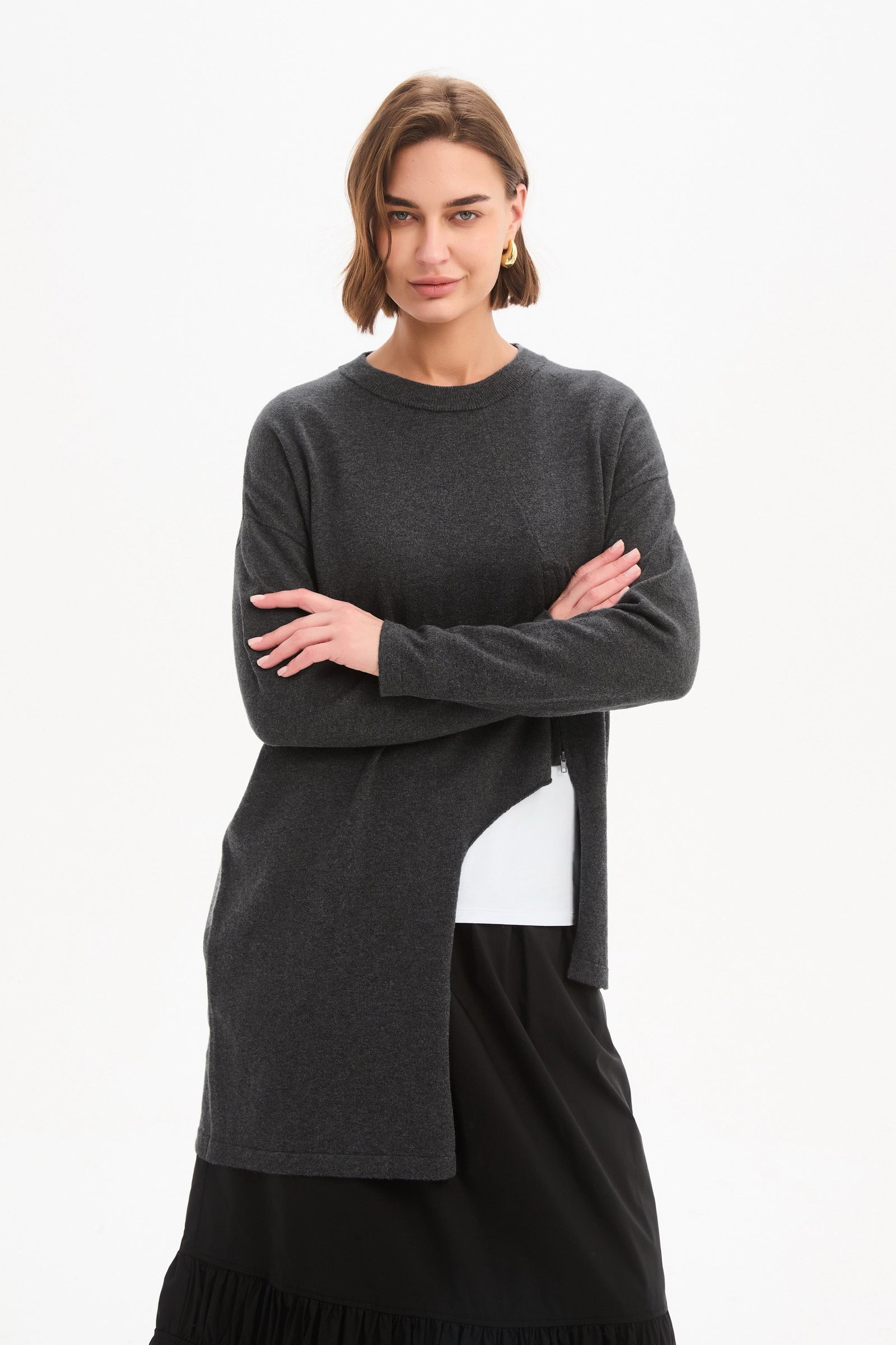 Women's Merino Wool Blend Knitted Sweater | Asymmetric Zip Knit Charcoal side