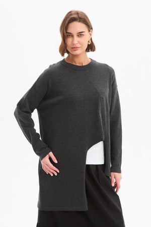 Women's Merino Wool Blend Knitted Sweater | Asymmetric Zip Knit Charcoal layer