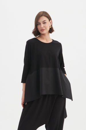 Women’s Ava Cotton Scoop Neck T Shirt, 3/4 Sleeve Top with Side Splits by TIRELLI black