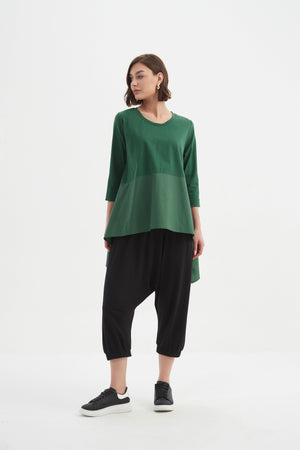 Women’s Ava Cotton Scoop Neck T Shirt, 3/4 Sleeve Top with Side Splits by TIRELLI forest green 3