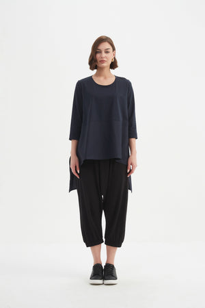 Women’s Ava Cotton Scoop Neck T Shirt, 3/4 Sleeve Top with Side Splits by TIRELLI  navy blue 6