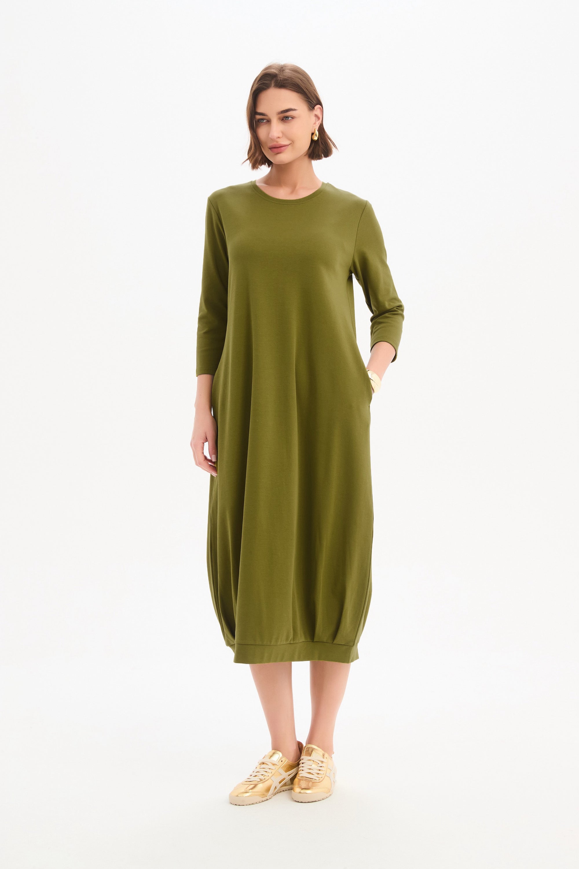 Banded Hem Jersey Dress | Women's Cotton Midi Dress with 3/4 Sleeves -  TIRELLI