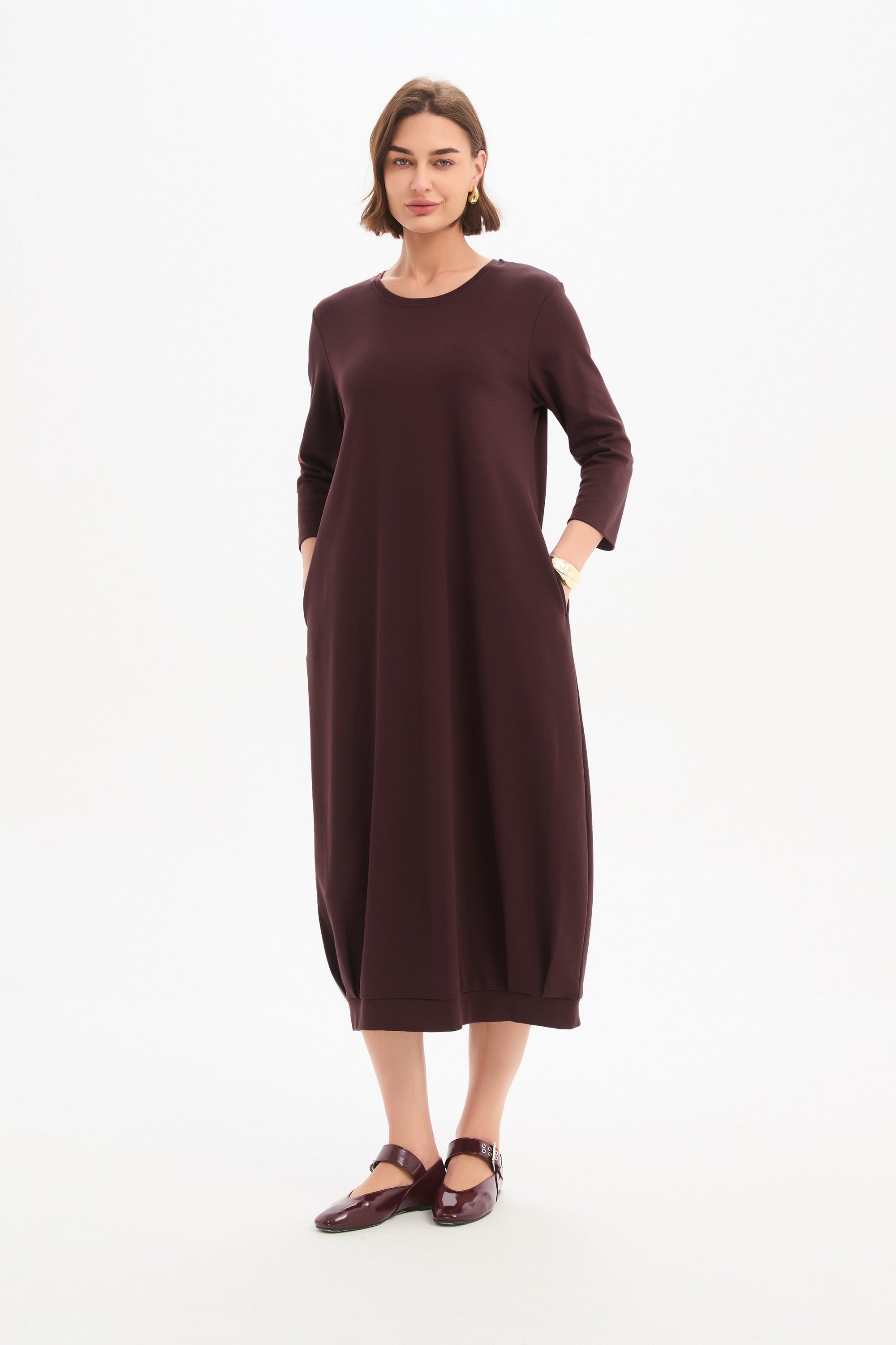 Banded Hem Jersey Dress | Women's Cotton Midi Dress with 3/4 Sleeves