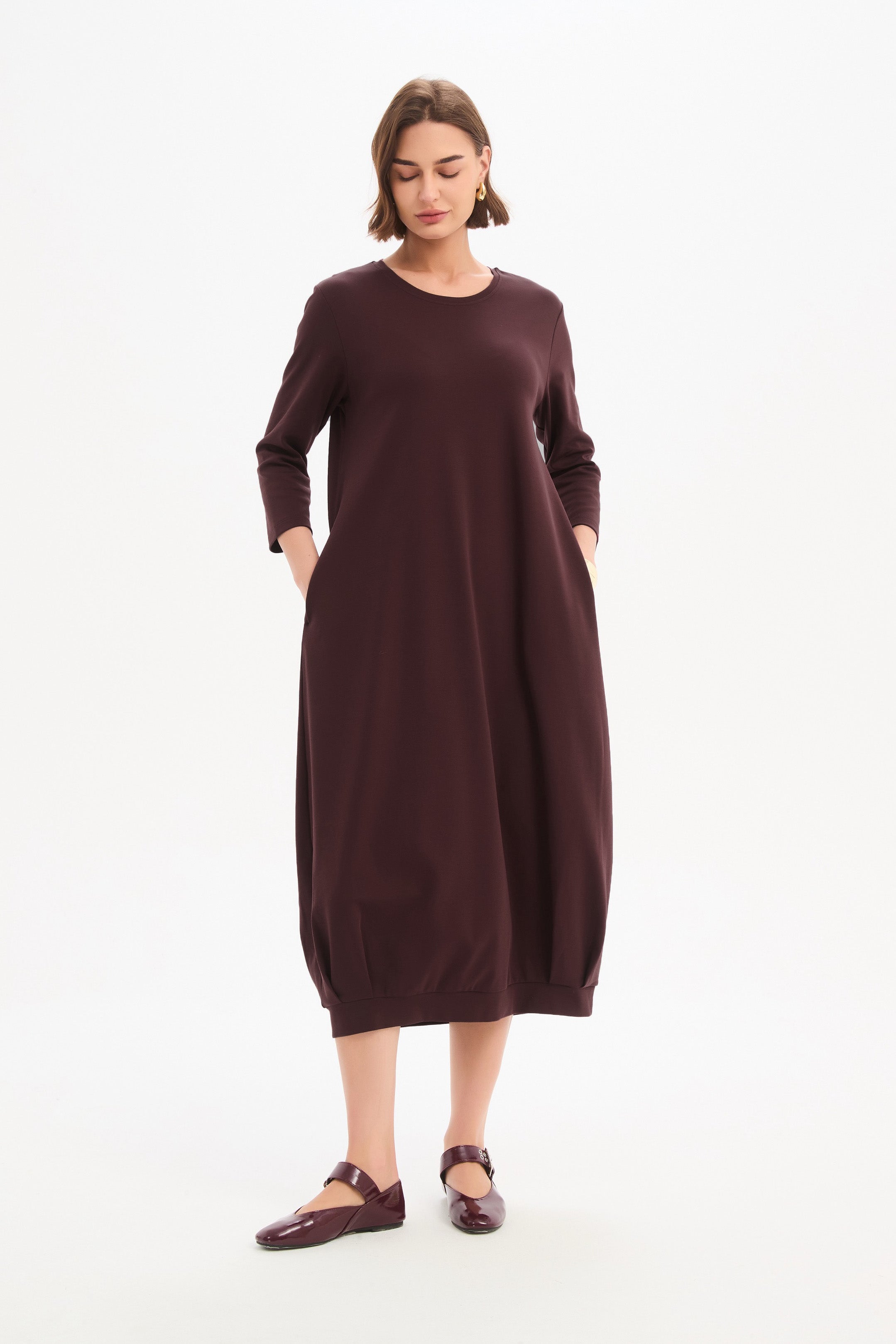 how to hem a jersey dress Banded | Women's Cotton Midi Dress with 3/4 Sleeves types of hems on dresses