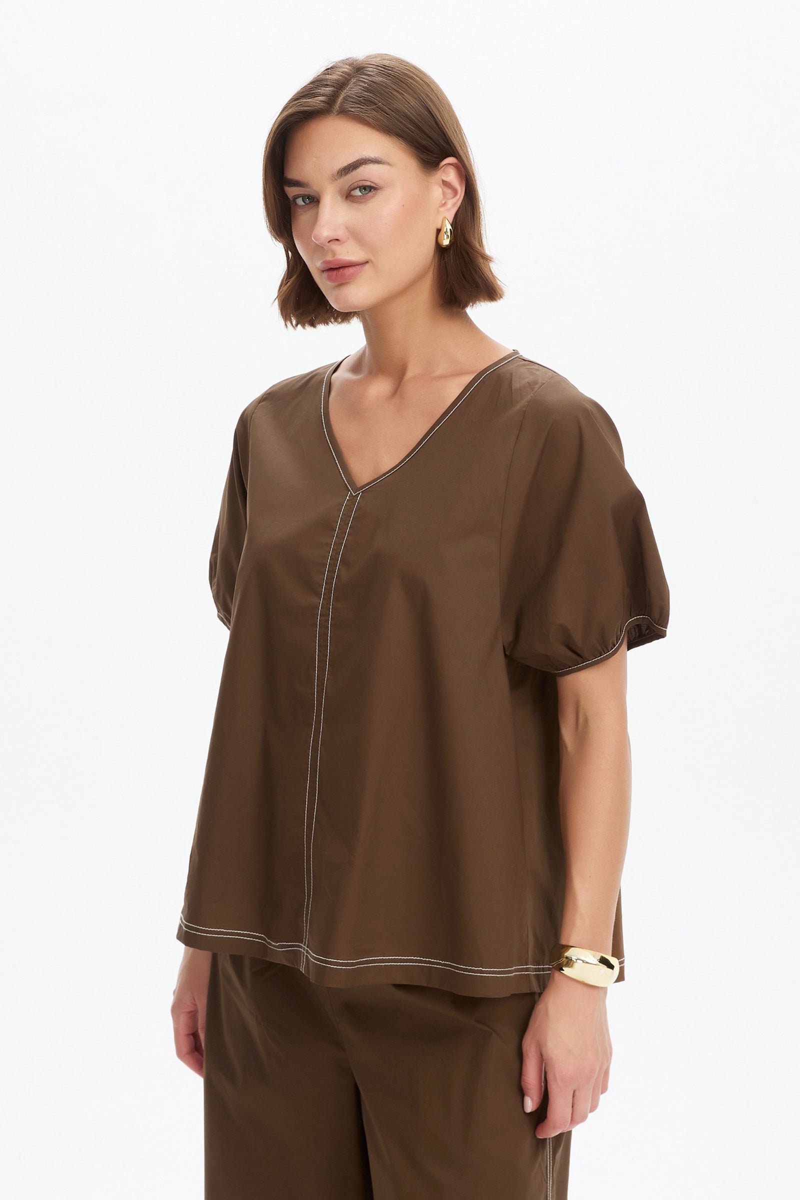 BISHOP SLEEVE CONTRAST TOP chocolate