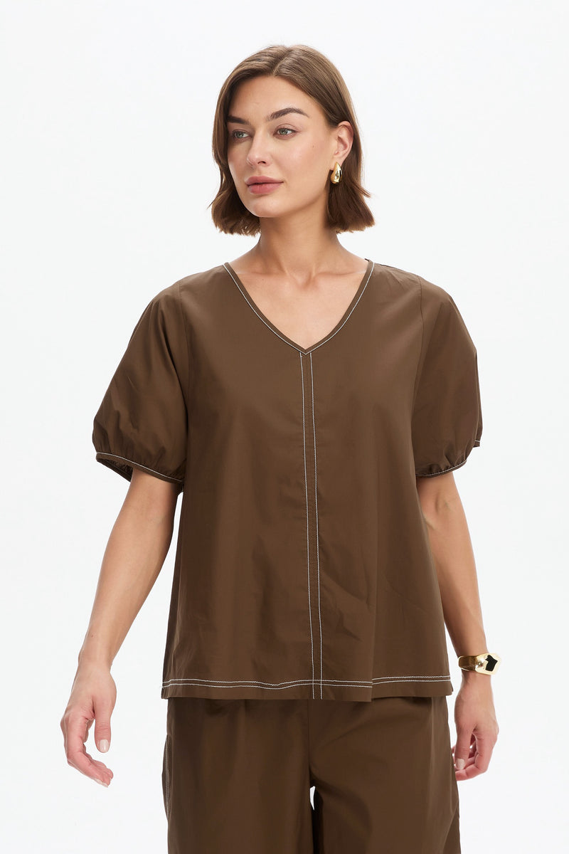 BISHOP SLEEVE CONTRAST TOP chocolate