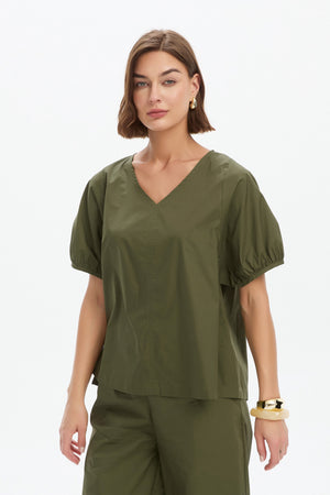 BISHOP SLEEVE POPLIN TOP khaki side angle
