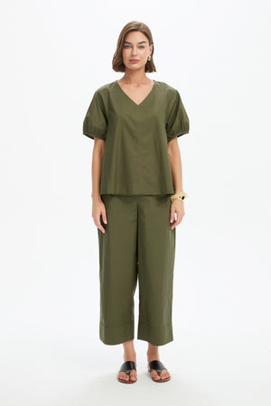 BISHOP SLEEVE POPLIN TOP khaki front full