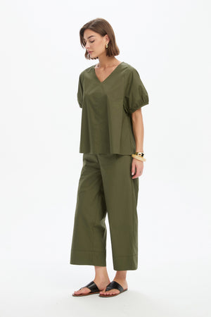 BISHOP SLEEVE POPLIN TOP khaki left side