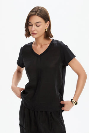 V NECK LINEN COMBI TOP