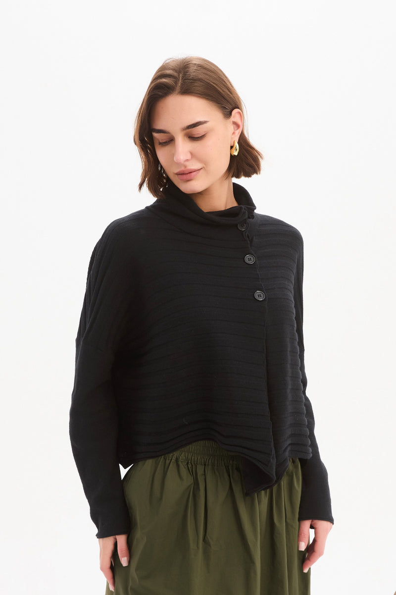 Women's Merino Wool Blend Knitted Sweater | Cowl Neck Button Knit Black