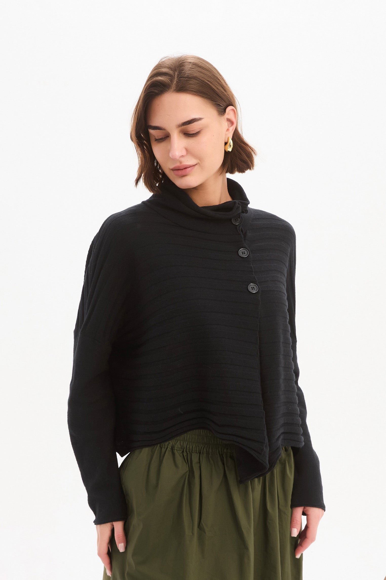 Women's Merino Wool Blend Knitted Sweater | Cowl Neck Button Knit Black