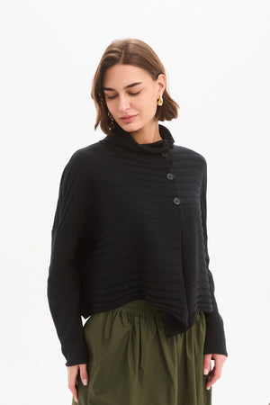 Women's Merino Wool Blend Knitted Sweater | Cowl Neck Button Knit Black