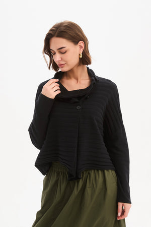 Women's Merino Wool Blend Knitted Sweater | Cowl Neck Button Knit Black Collar Neck