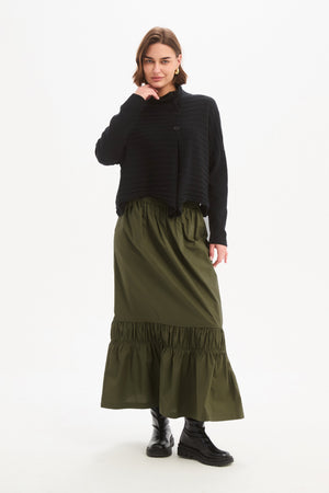 Women's Merino Wool Blend Knitted Sweater | Cowl Neck Button Knit Black Front