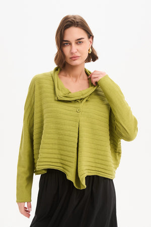 Women's Merino Wool Blend Knitted Sweater | Cowl Neck Button Knit Deep Citrus Collared Neck