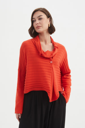 Women's Merino Wool Blend Knitted Sweater | Cowl Neck Button Knit Flame