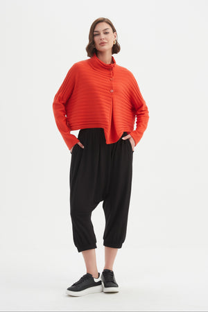 Women's Merino Wool Blend Knitted Sweater | Cowl Neck Button Knit Flame Side