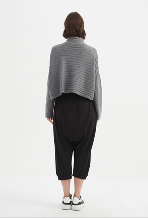 Women's Merino Wool Blend Knitted Sweater | Cowl Neck Button Knit Grey Back