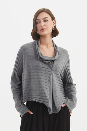 Women's Merino Wool Blend Knitted Sweater | Cowl Neck Button Knit Grey Collared Neck