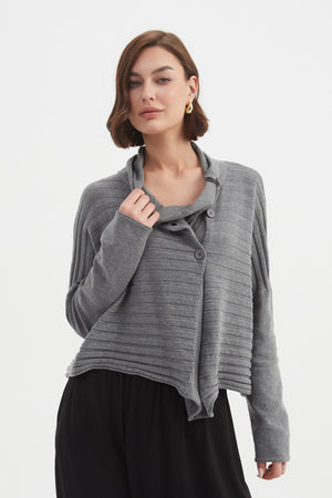 Women's Merino Wool Blend Knitted Sweater | Cowl Neck Button Knit Grey