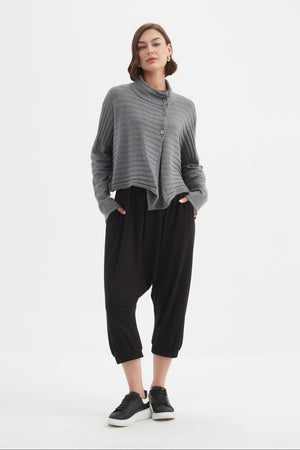 Women's Merino Wool Blend Knitted Sweater | Cowl Neck Button Knit Grey Front
