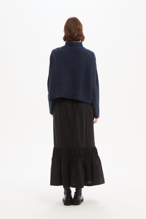 Women's Merino Wool Blend Knitted Sweater | Cowl Neck Button Knit Navy Back