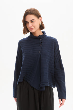 Women's Merino Wool Blend Knitted Sweater | Cowl Neck Button Knit Navy Side