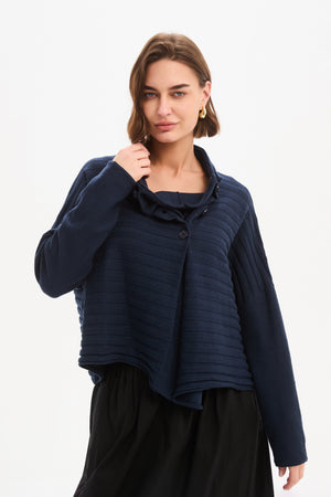 Women's Merino Wool Blend Knitted Sweater | Cowl Neck Button Knit Navy Collar Neck