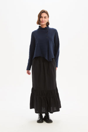 Women's Merino Wool Blend Knitted Sweater | Cowl Neck Button Knit Navy Layered