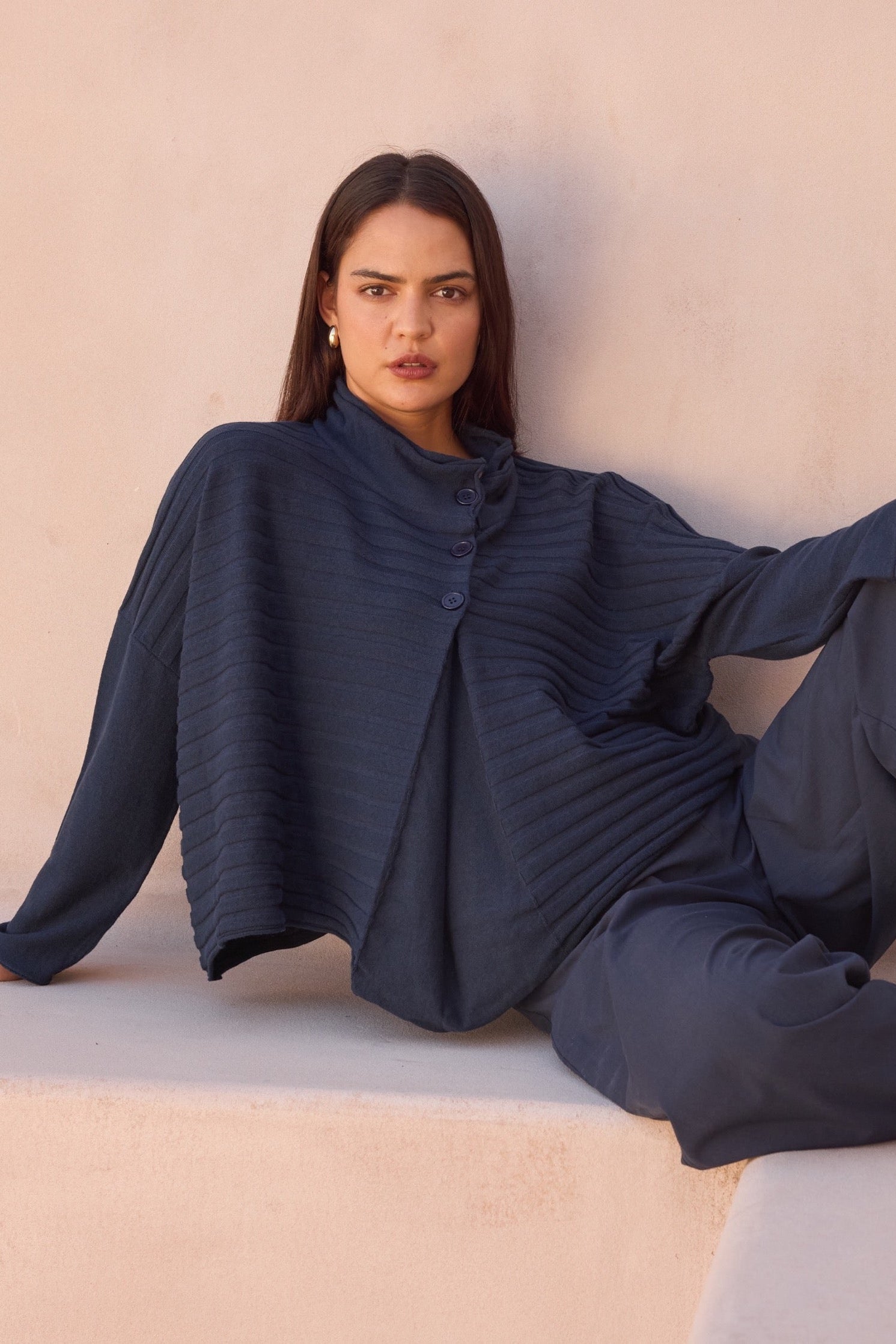 Women's Merino Wool Blend Knitted Sweater | Cowl Neck Button Knit Navy