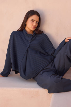 Women's Merino Wool Blend Knitted Sweater | Cowl Neck Button Knit Navy