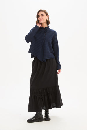 Women's Merino Wool Blend Knitted Sweater | Cowl Neck Button Knit Navy Side
