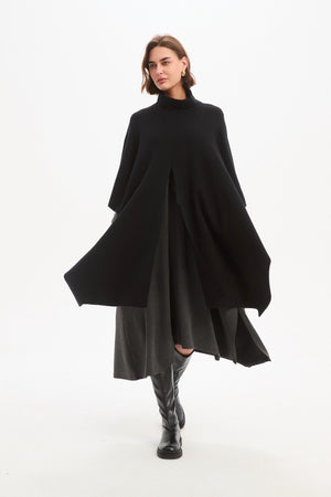 Women's Merino Wool Multi-Way Knitted Poncho & Crossover Knit Black Open