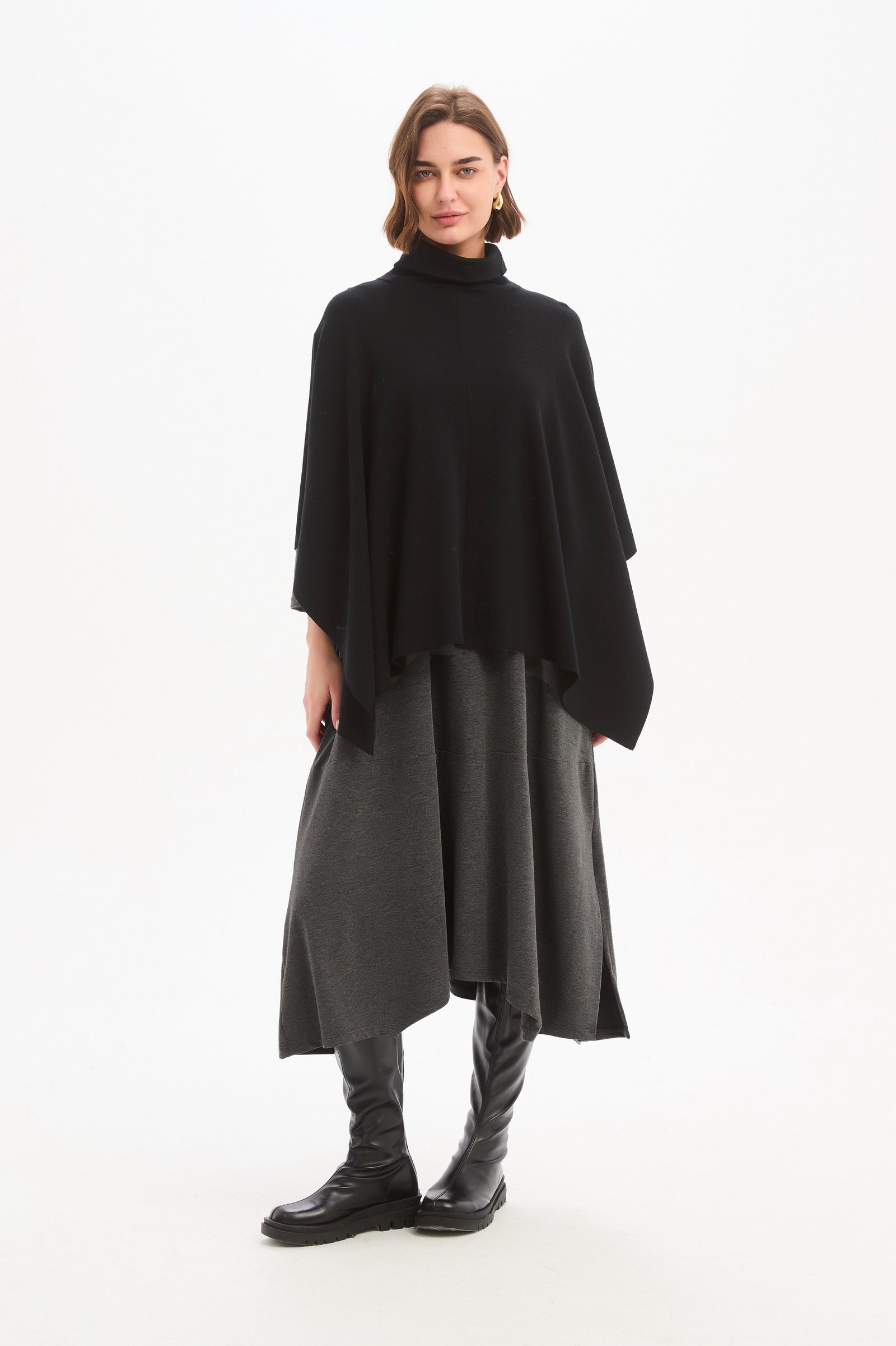 Women's Merino Wool Multi-Way Knitted Poncho & Crossover Knit Black Front