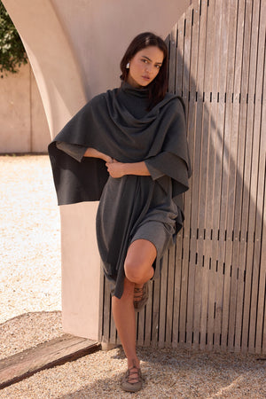 Women's Merino Wool Multi-Way Knitted Poncho & Crossover Knit Charcoal Front