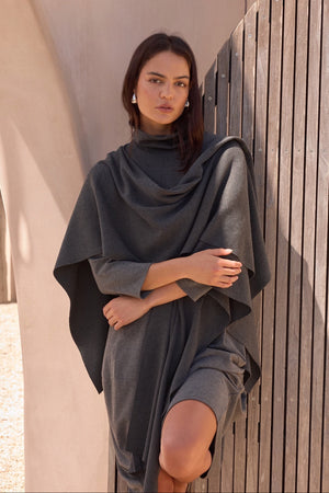 Women's Merino Wool Multi-Way Knitted Poncho & Crossover Knit Charcoal