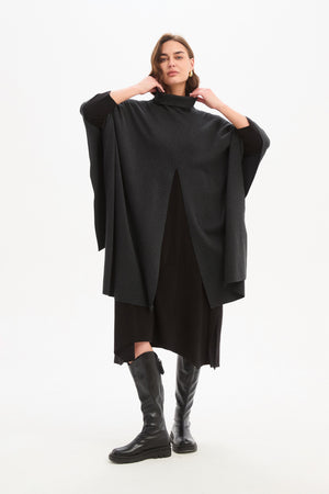Women's Merino Wool Multi-Way Knitted Poncho & Crossover Knit Charcoal collar