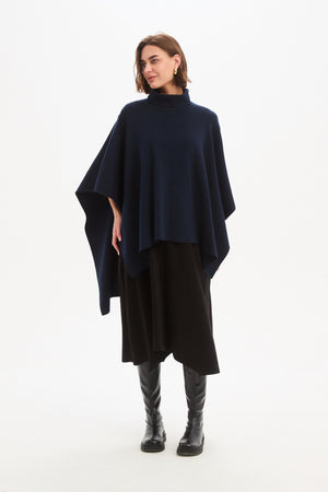 Women's Merino Wool Multi-Way Knitted Poncho & Crossover Knit Navy Front 2