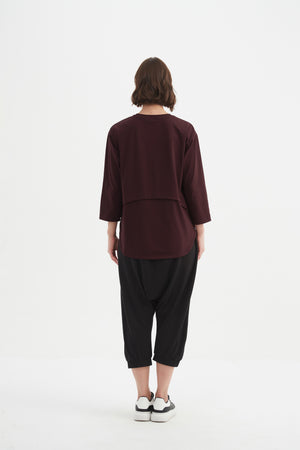 Women's 3/4 Sleeve Cotton T-Shirt, Curved Seam Top deep aubergine back