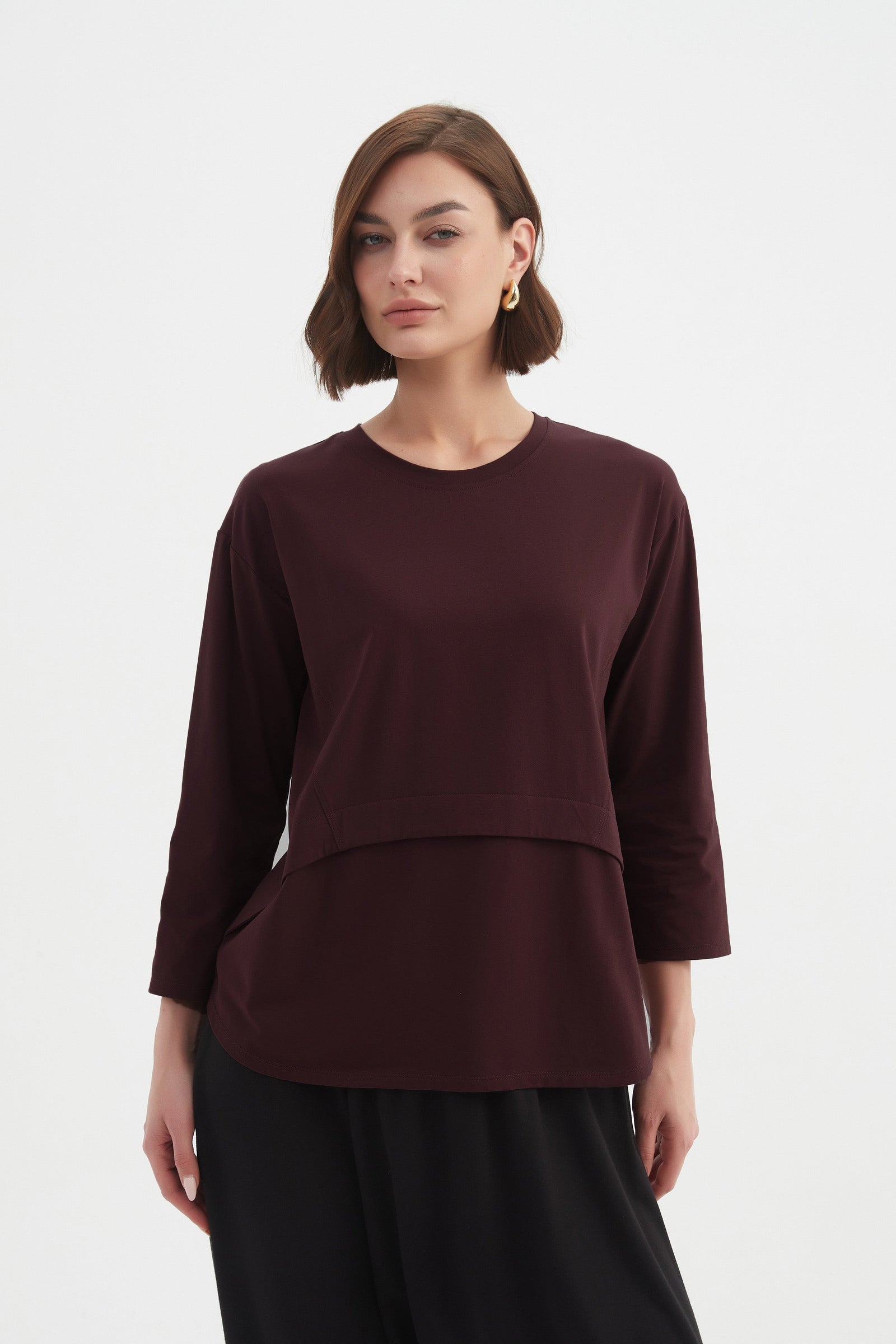 Women's 3/4 Sleeve Cotton T-Shirt, Curved Seam Top deep aubergine
