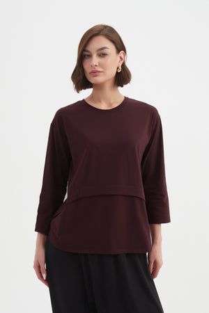 Women's 3/4 Sleeve Cotton T-Shirt, Curved Seam Top deep aubergine