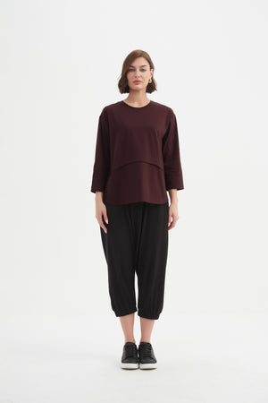 Women's 3/4 Sleeve Cotton T-Shirt, Curved Seam Top deep aubergine 4